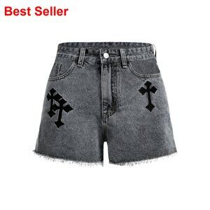 Cross Embroidery Raw Hem Straight Leg Distressed Denim Shorts